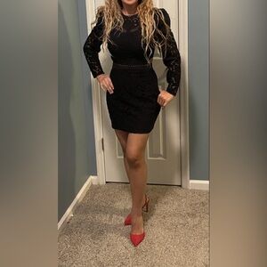 Express; Black; Lace Puff Sleeve Side Cutout Sheath Dress